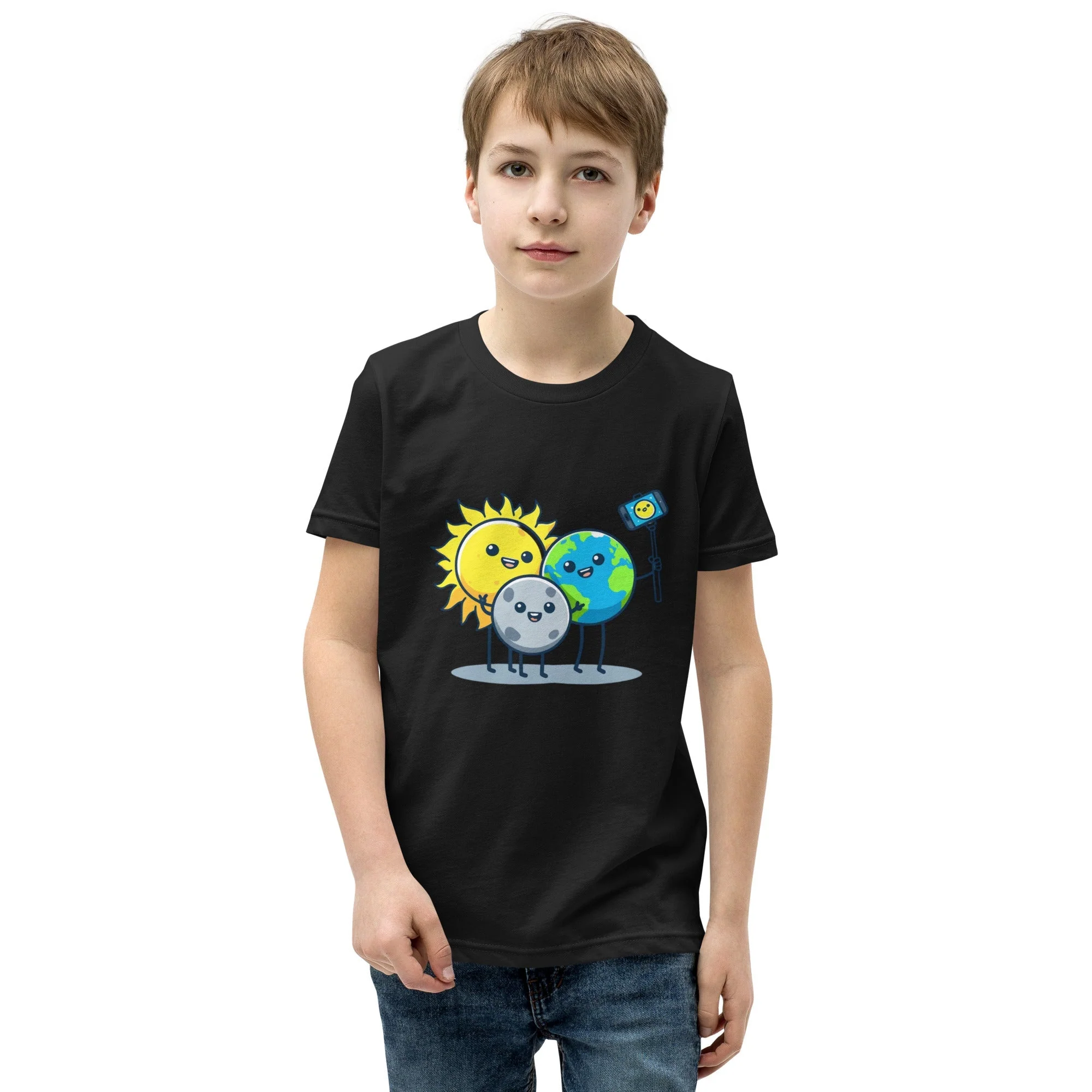 Selfie Earth Moon Sun Solar Eclipse Youth Short Sleeve T-Shirt - Image 2